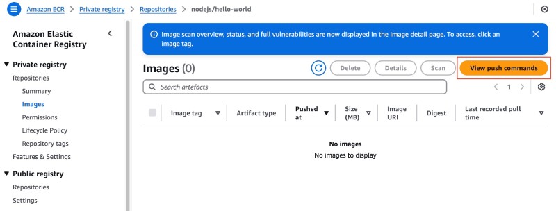 AWS Console UI showing just created private Amazon ECR without any Docker images AWS Console UI showing just created private Amazon ECR without any Docker images