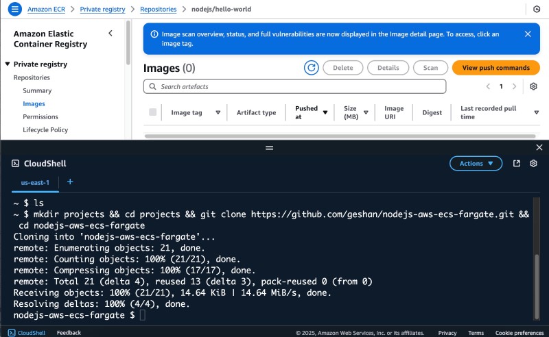 AWS Console UI showing AWS CloudShell with create project related commands AWS Console UI showing AWS CloudShell with create project related commands