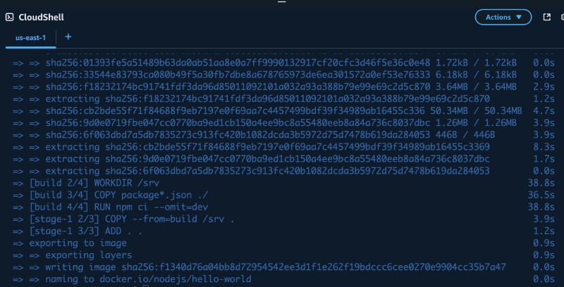 AWS Console UI showing AWS CloudShell with Docker build command output AWS Console UI showing AWS CloudShell with Docker build command output