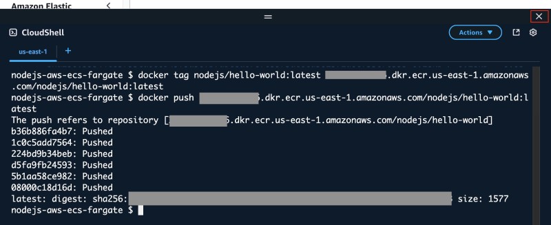 AWS Console UI showing AWS CloudShell with Docker tag and push command output AWS Console UI showing AWS CloudShell with Docker tag and push command output